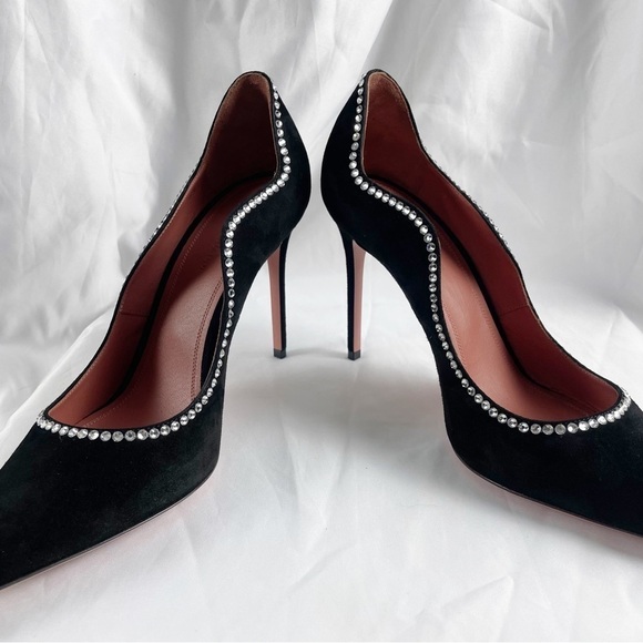 Amina Muaddi Romy Crystal Suede Leather Pointed Toe Pumps EU 38.5 US 8.5 Black - Picture 3 of 10